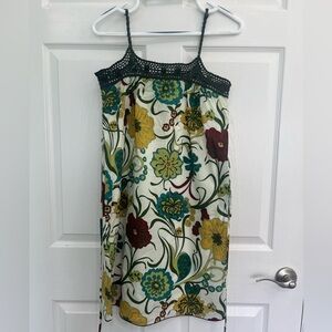 Vintage M Heart M  Green Cream Floral Paisley Crochet Cotton Women's Boho Dress